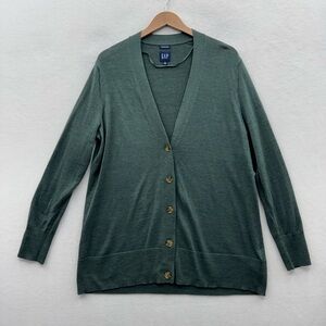 Gap Women’s XL Green Cardigan 100% Merino Wool V-Neck Button Machine Washable